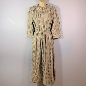 Maijie size large black white collarless shirt dress waist tie long maxi geo